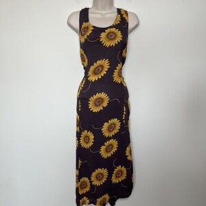 VTG 90s Women Midi Dress Brown Sunflower Floral Goblincore Gremlin Cottage Jumpe